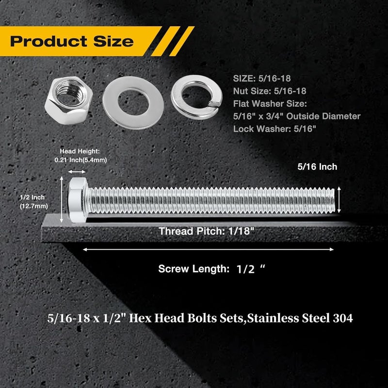 KATUNA (10Set) 5/16-18 x 1/2" Complete Set Hex Head Screw Bolts,Nuts,Fender Flat washers,Split Lock Washers,Fully Threaded, Stainless Steel 18-8（304）, Bright Finish. - Image 3